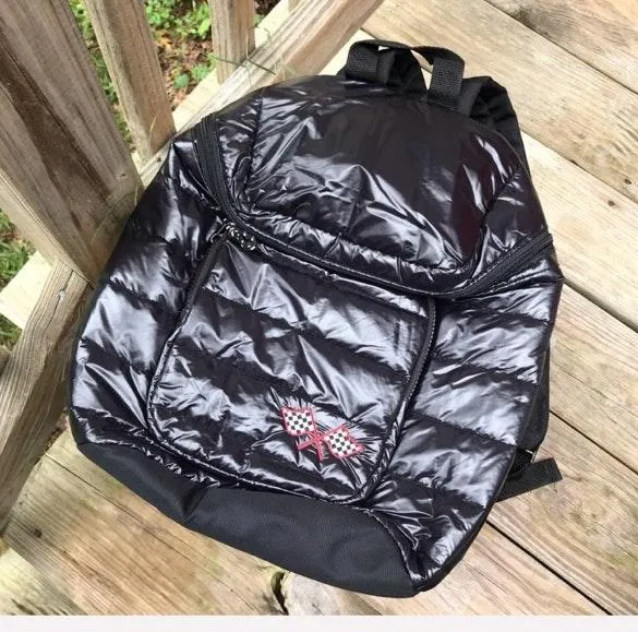SHINY REFLECTIVE VINAL LIKE RACING CHECKERED FLAG EMBROIDERED BACKPACK Black - Image 2