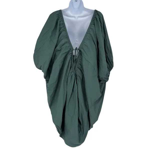 Free-est Free People XS Green Cotton‎ Balloon Sleeve Deep V Back Mini Dress - Image 2