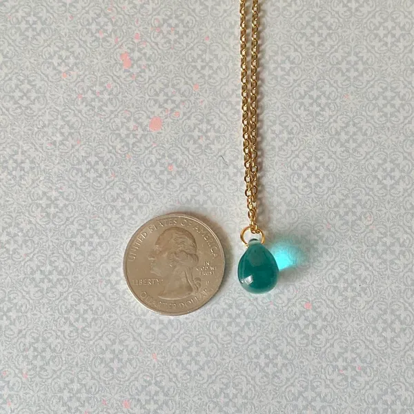 Handmade aqua teardrop Czech glass simple minimalist gold chain necklace💙 - Image 7