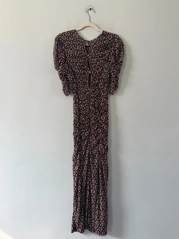 NWT Free People Briella Ruched Black‎ Purple Floral Combo Mesh Boho Midi Dress - Image 4