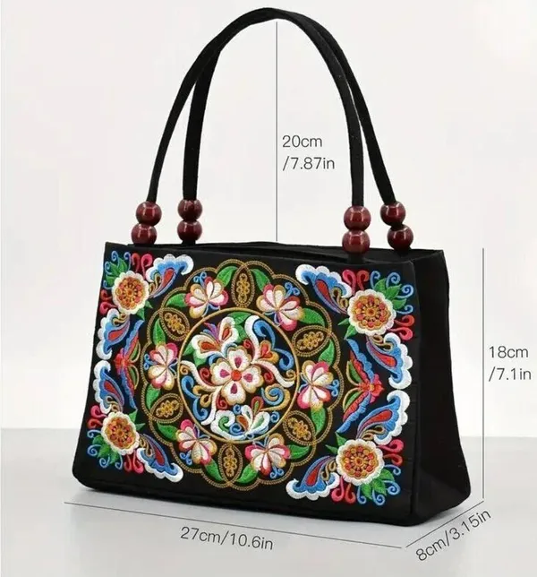 Women's Stylish Floral Embroidered Tote Handbag, Trendy Zipper Canvas Bag - Image 3