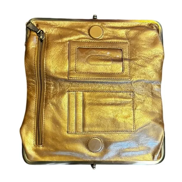 Women’s Hobo Vintage Gold Leather Lauren Clutch Wallet Kiss Lock Organizer - Image 3