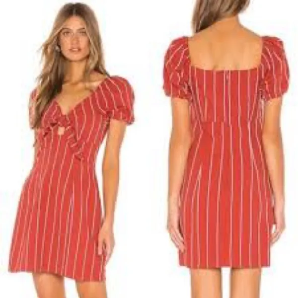 J.O.A. Rust Red Striped Linen Blend Tie Front Puff Sleeve Mini Dress Size M - Image 11