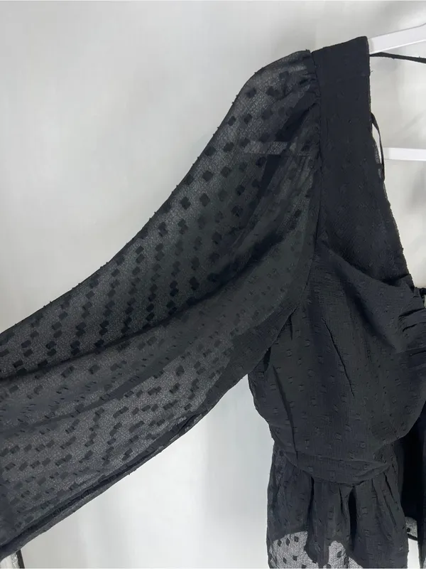 Anthropologie Black Sheer Peplum Blouse Size L Swiss Dot Long Sleeve - Image 4