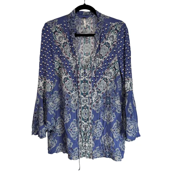 Free People Purple Paisley Bell Sleeve Blouse Ruffle Neck Button Front Top Med M - Image 9