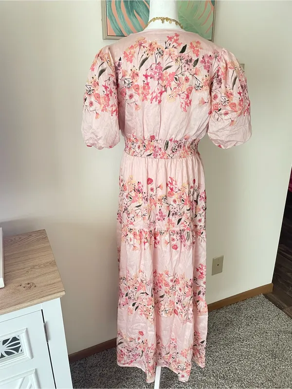 Taylor Puff Sleeve Floral Maxi Dress with Twist Detail in Candy Floss Pink US 10 - Image 9