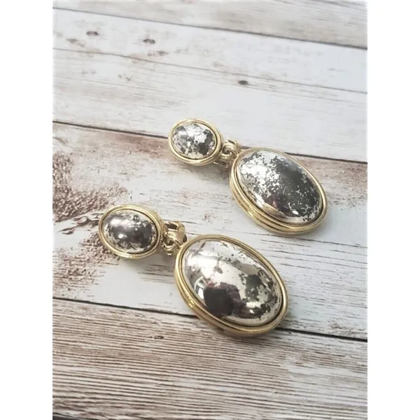Vintage Clip On Earrings Statement Dangle Gold Tone with Spotted Silver Tone - Image 2
