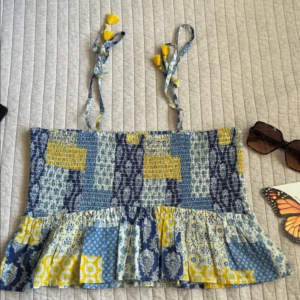 Natural life blue yellow boho floral patchwork smocked ruffle hem tops L XL​ - Image 6