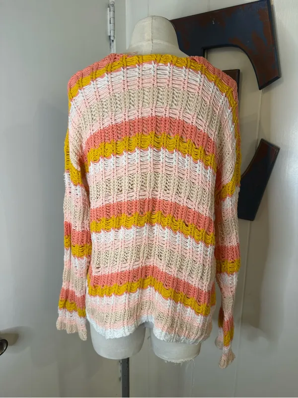 Hem & Thread Open-Knit V-Neck Stripe Sweater in Pink, Yellow, Cream SZ S - Image 2
