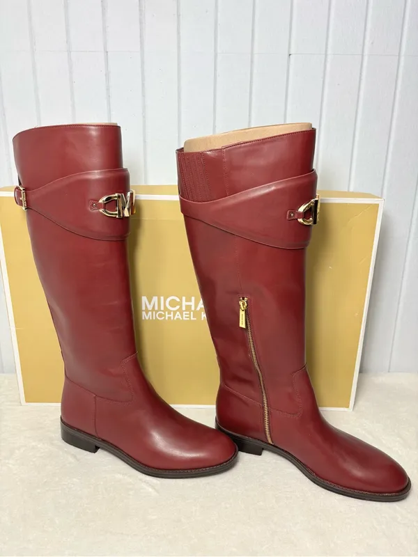 Michael Kors Izzy Tall Leather Riding Boots Dark Berry Color with Gold MK Accent - Image 4