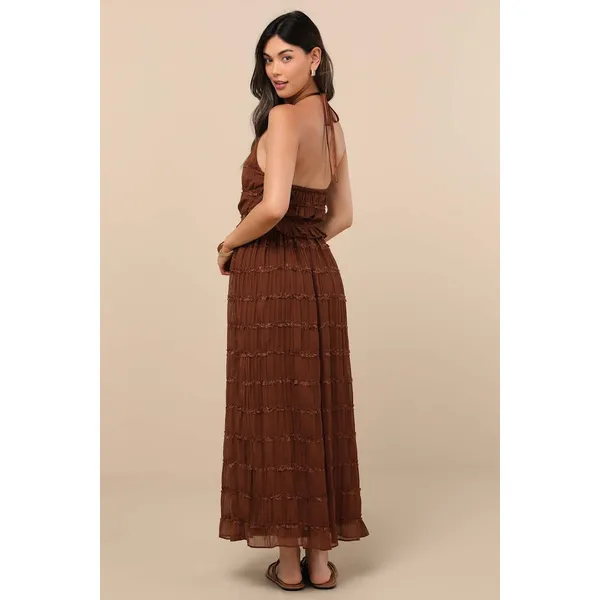 NWT Lulus Madriana Brown Halter Neck Ruffed Midi Dress Bohemian Summer Sz M - Image 4