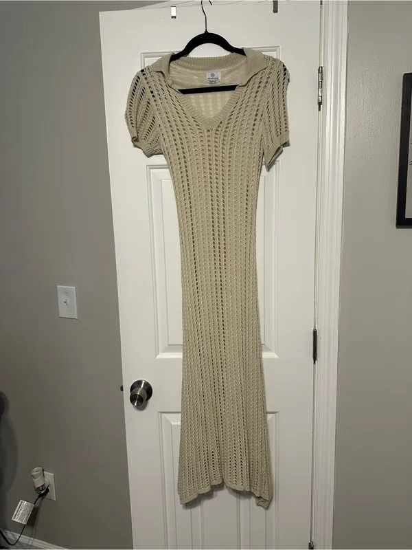 Showpo JOLIE MIDI DRESS - CROCHET COLLARED SHORT SLEEVE DRESS IN CREAM - Image 2