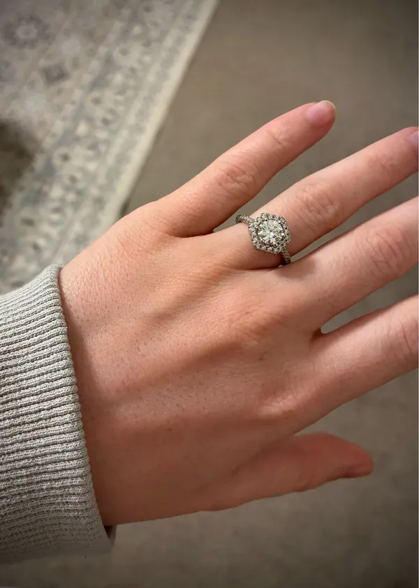 Moissanite Halo on sterling silver Gold Size 6 - Image 4