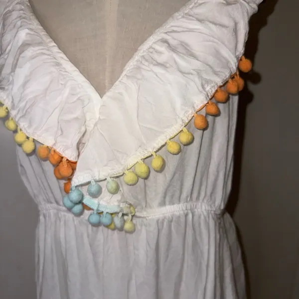 White Dress with Colorful Pom-Pom Accents perfect for Beach Sz L - Image 4