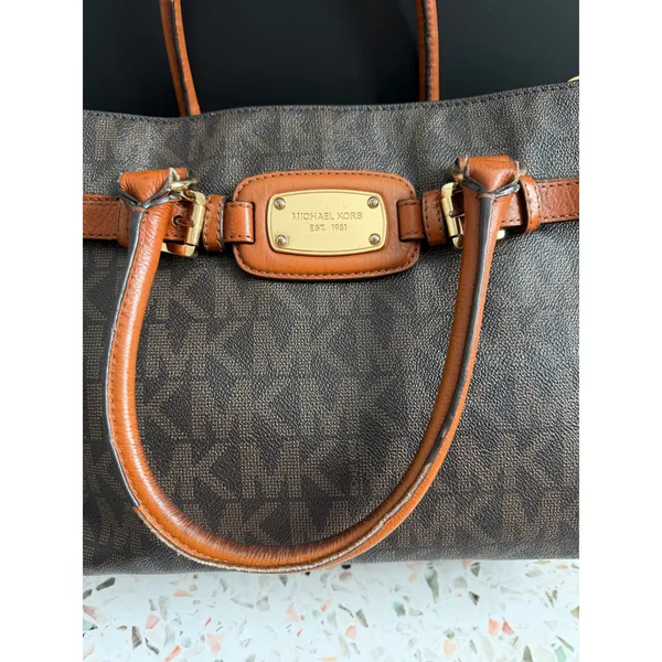 Michael Kors Hamilton Satchel Brown Logo PVC Leather Preppy Classic Tote Bag - Image 8