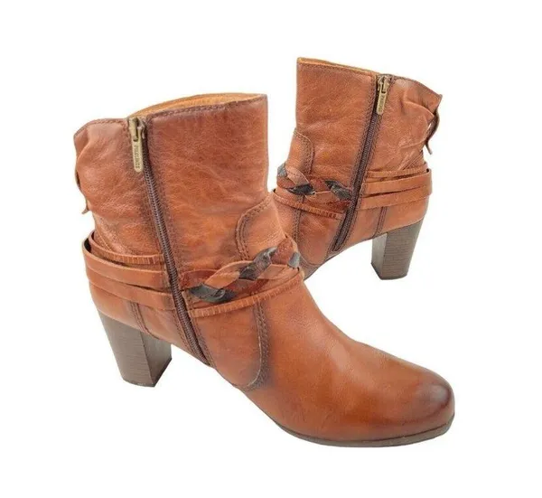 *Pikolinos Heeled Ankle Booties Womens Size 40 Brown Leather Zip Braided Strap - Image 8