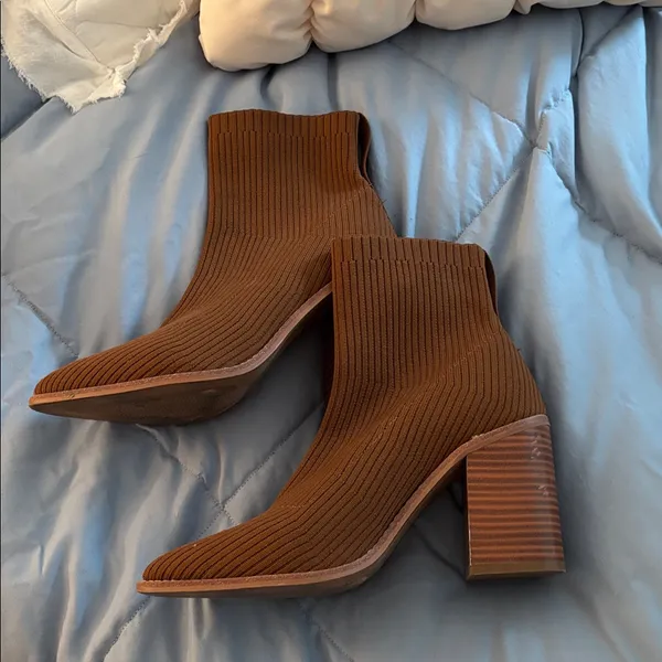 Steven cognac brown Nixie slip on 3.5” stack heeled sock Booties - Image 4
