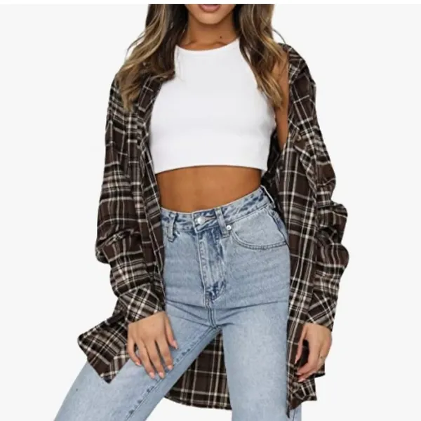 LaCozy Women’s Oversized Flannel Shirt in Brown Plaid - Image 4