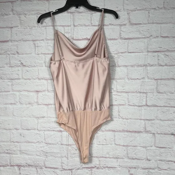 Light Pink Satin and Jersey Bodysuit with Cowl Neck and Adjustable Straps Med - Image 4