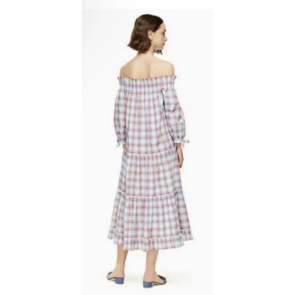 KATE SPADE Plaid Madras Off Shoulder Dress Size Medium Ruffle Tiered Picnic - Image 2