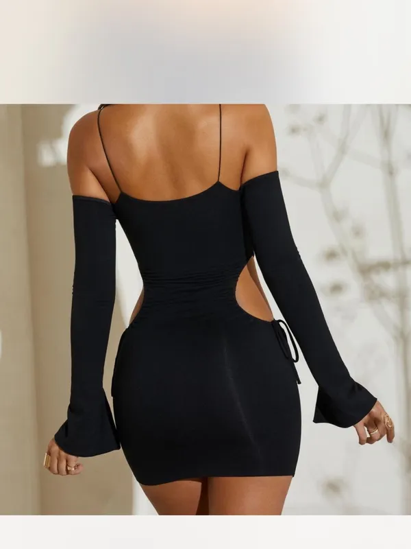 Oh Polly Black Off-Shoulder Cutout Mini Dress Sexy Black Little Dress Feminine - Image 2