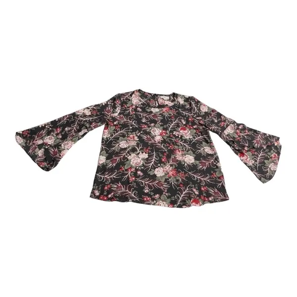 LOFT Black Floral Bell Sleeve Blouse Size M - Image 7