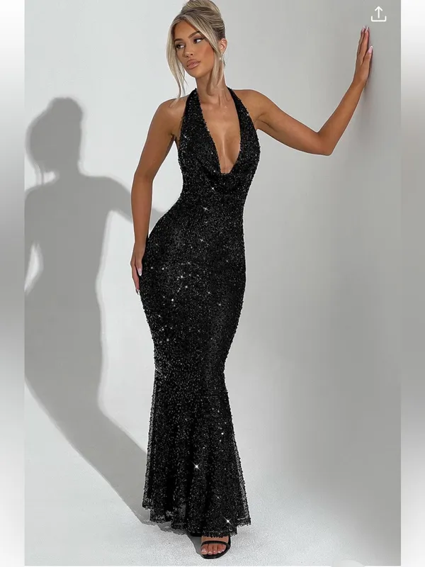 Babyboo Lorena Sequin Cowl Halter Lined Maxi Dress Black Large - Image 4