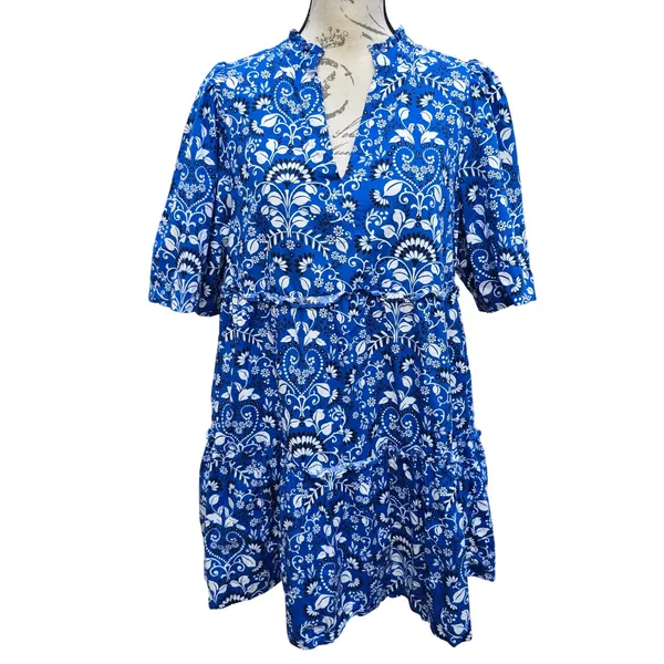 Sugarlips Lulu Floral Dixie‎ Split Neck Shift Dress Blue Floral Paisley Tiered M - Image 3