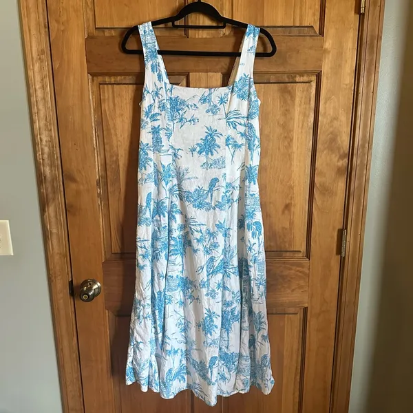 Joie White Midi linen blend beach Dress with Blue Botanical Print Size 6 - Image 9
