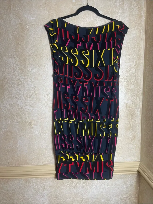 Vintage Miss Sixty Logo Print Sleeveless V-Neck Dress Made In Italy Sz S Y2K - Image 4