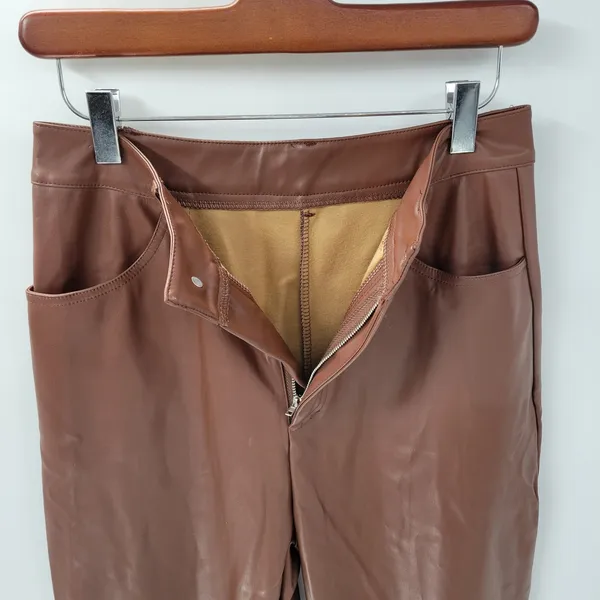 Faux Leather Pants Medium Brown High Waist Straight Leg Zip Casual Chic Club - Image 3