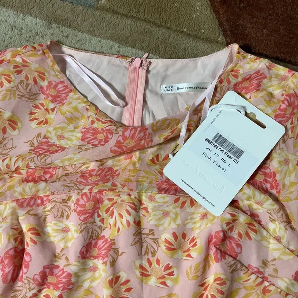 Here Comes The Sun Floral Mini Dress Women L Pink Long Bell Sleeve Ruched Ruffle - Image 4