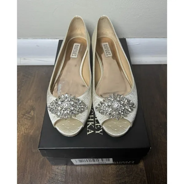 Badgley Mischka Ivory Embellished Peep-Toe Flats - Image 3