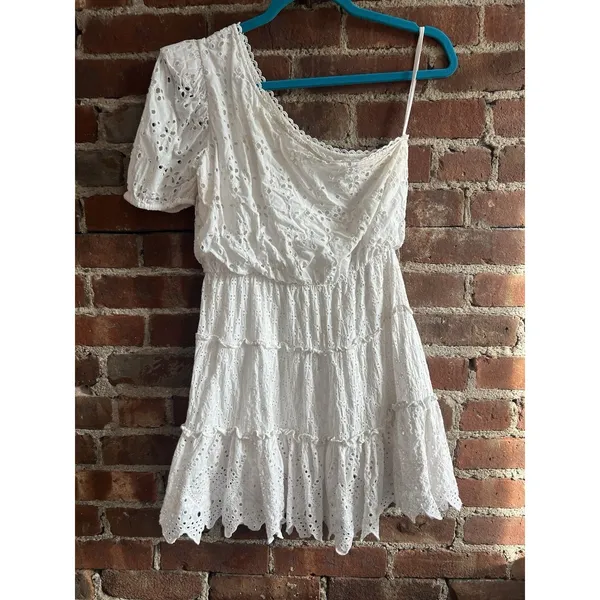 HEMANT AND NANDITA White Eyelet One Shoulder Tiered Dress Size 4 Anthropologie - Image 4