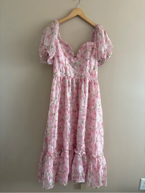 Lulus Sincerely Wondrous Pink Floral Puff Sleeve Tiered Midi Dress Size XL NWT - Image 5