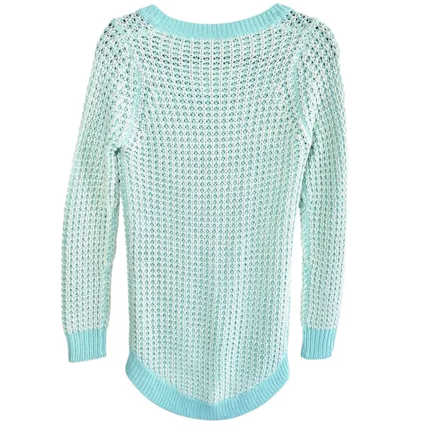 POOF! Womens Size S Open Knit V-Neck Sweater Aqua Blue White Hi-Low Boho Coastal - Image 2