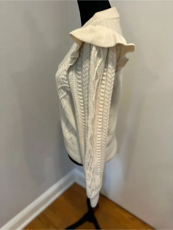 Madewell Hollydene Sz:M Merino Wool ruffle shoulders cream cable-knit sweater. - Image 4