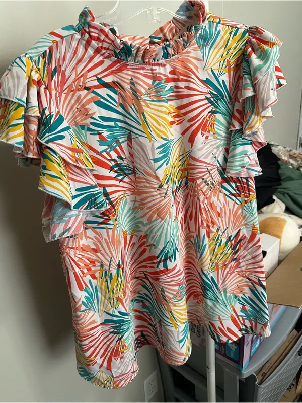 multicolor abstract ruffled shortsleeve mock neck blouse size large Multiple - Image 4