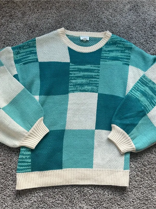 Le Lis Teal & Cream Checkerboard Crewneck Sweater - Image 3