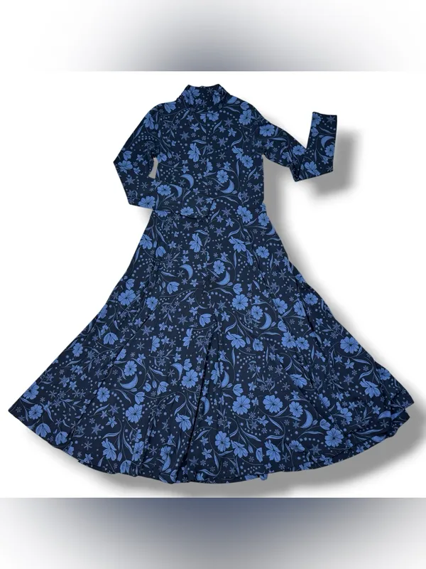 Loft Floral Snowflake Mock Neck Long Sleeve Maxi Dress Blue XS Winter Chic Boho - Image 13