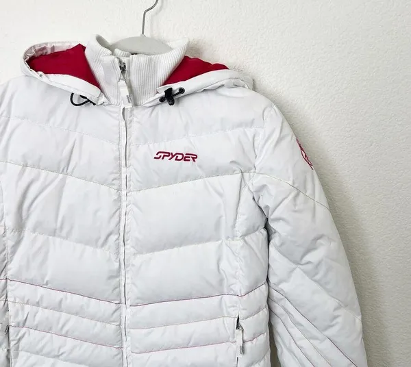[Spyder] White Winter Puffer Ski Snowboard Jacket Hooded Rainbow Seams Size 4 - Image 5