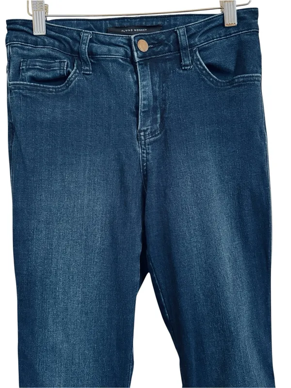 Flying Monkey High Rise Flare Jeans Women’s Size 25 Dark Wash Raw Hem Stretch - Image 2