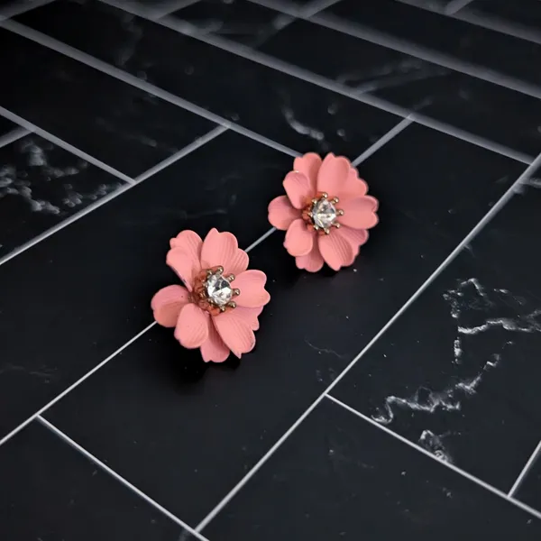 Vintage Stud Earrings Peachy Pink Flower with Gem Retro Floral - Image 3