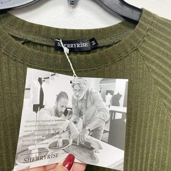 Women's Long Sleeve Medium Olive‎ Green Midi Sweater Dress Ribbed High Waist - Image 5