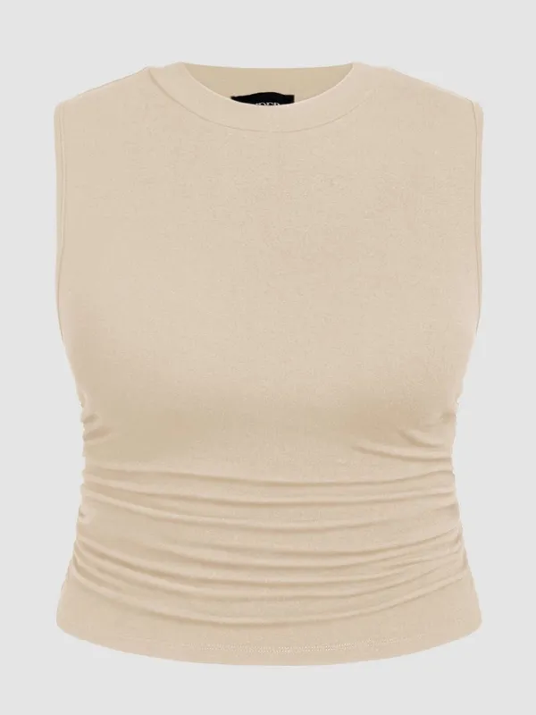 CIDER Beige Sleeveless High Neck Ruched Tank Top - Image 7