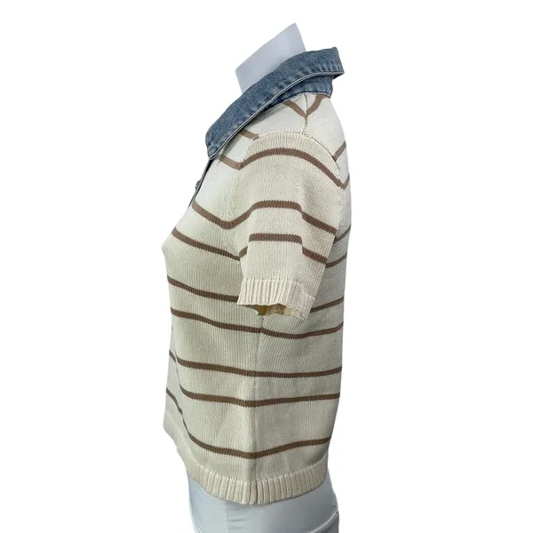 Olivaceous Gypsy and Gold Cream Striped Short Sleeve Collared Polo Shirt Top M - Image 2