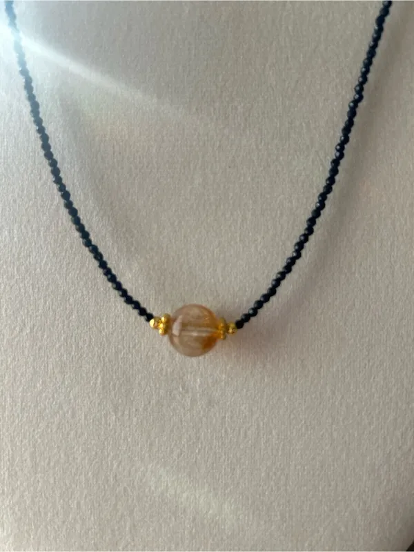Black Spinel Beaded Necklace with Gold accents and Citrine Crystal - Image 2