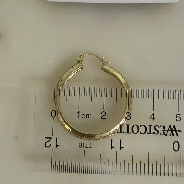 14K Gold Plated XP Hoop Earrings Greek Fretwork‎ Pattern Latch - Image 2