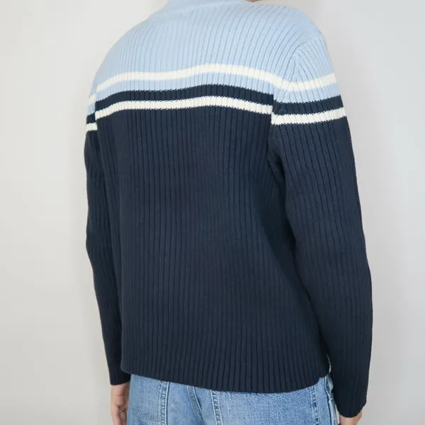Vintage 90s Blue Striped Quarter Zip Sweater - Image 2