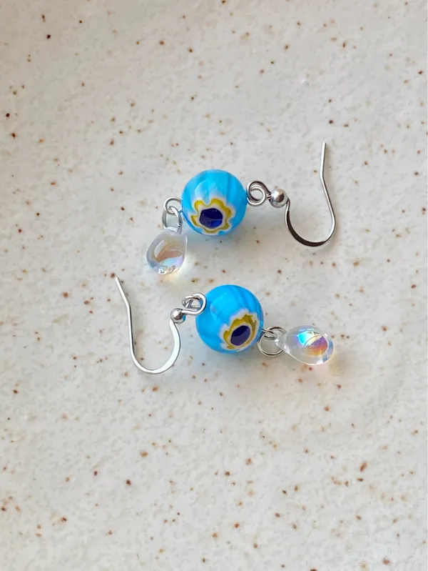 Handmade lampwork glass floral beads & Czech glass teardrop dangle earrings🌀 - Image 5